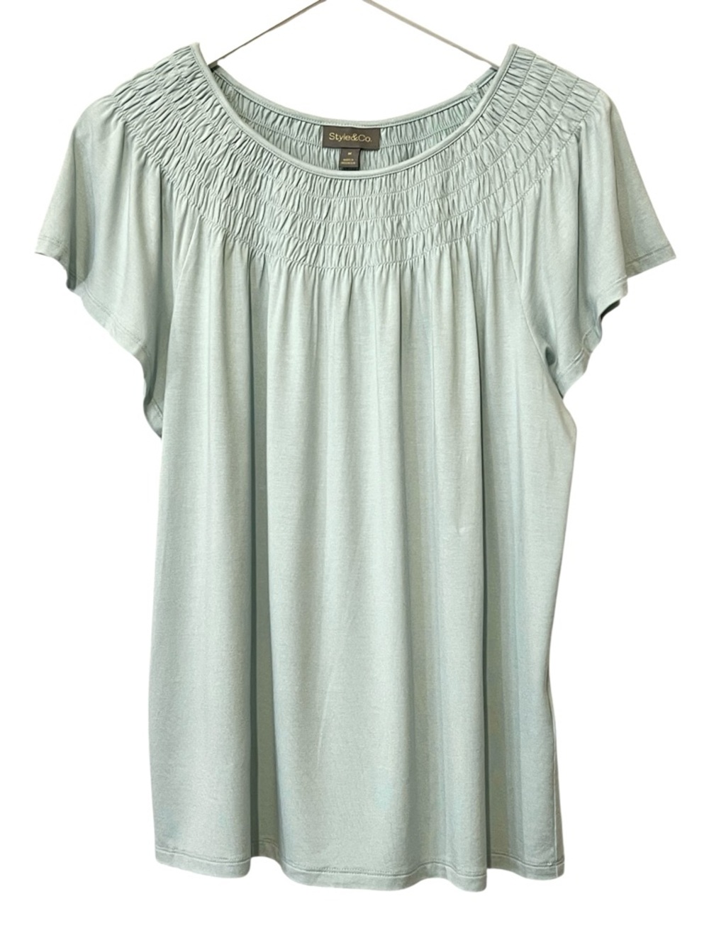 Style & Co Short Flutter Sleeve Smocked-Neck Knit Top, Harbor Gray, Sz. Medium